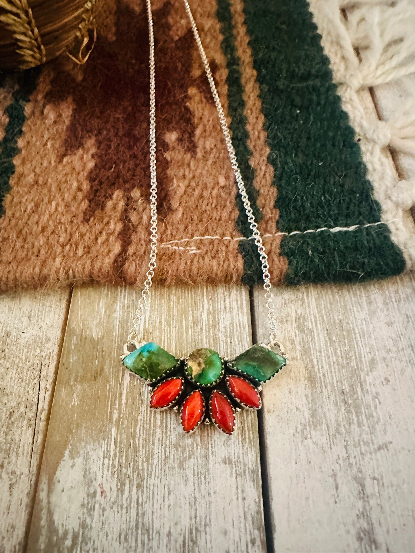 ** Christmas Collection ** Handmade Sterling Silver, Turquoise & Coral Necklace Signed Nizhoni