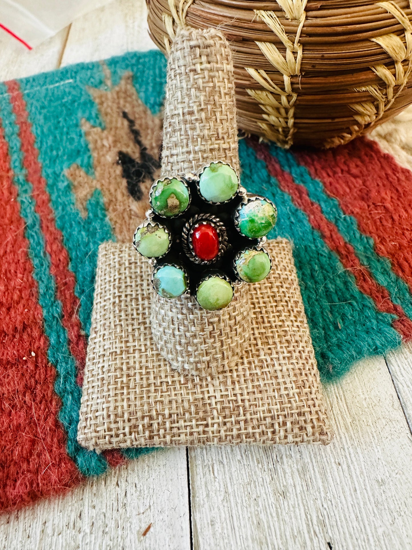 ** Christmas Collection ** Handmade Sterling Silver, Turquoise & Coral Adjustable Ring Signed Nizhoni