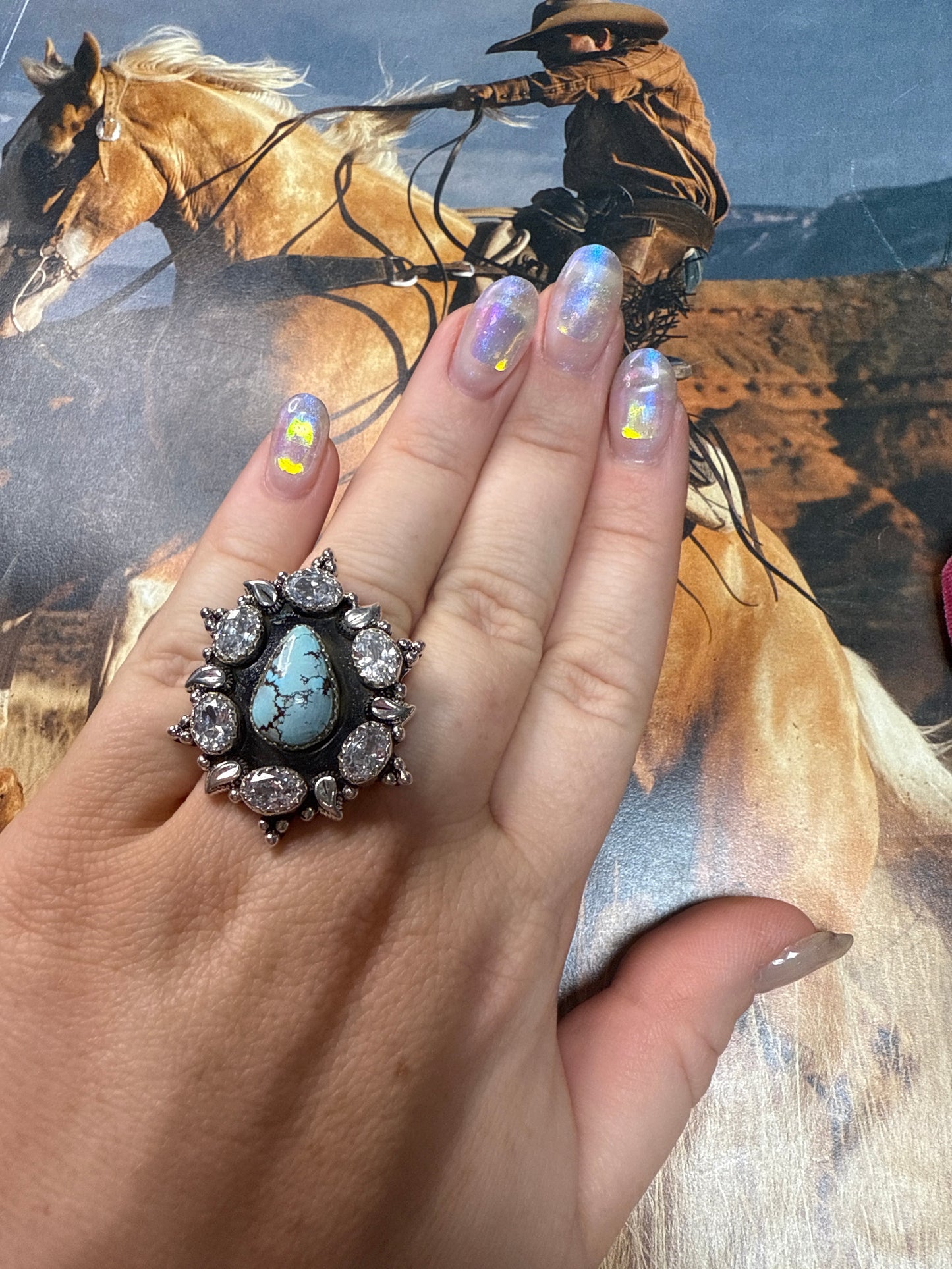 Beautiful Handmade Golden Hills Turquoise , CZ And Sterling Silver Adjustable Ring