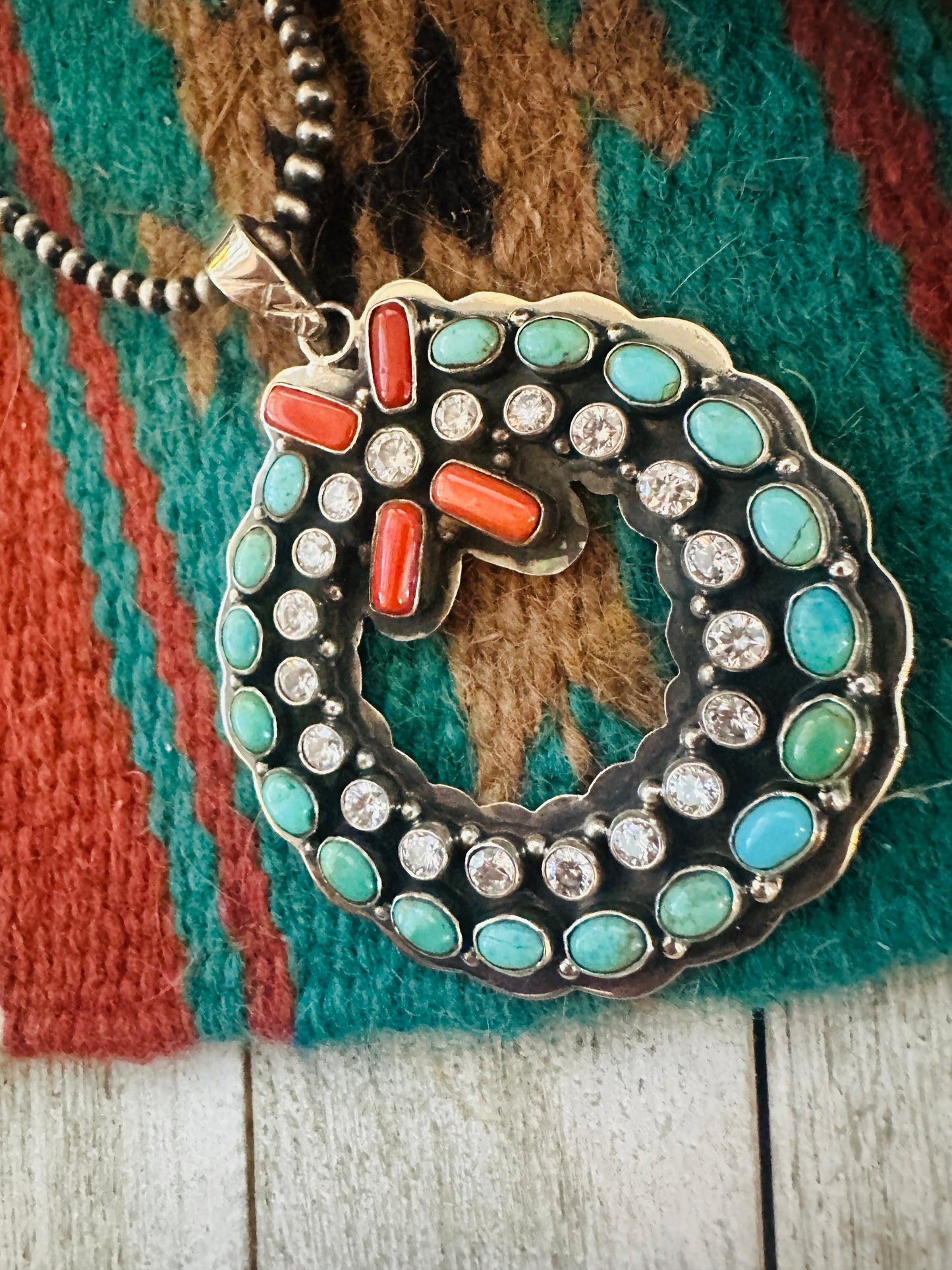 ** Christmas Collection ** Handmade Sterling Silver, Turquoise, Coral & CZ Wreath Pendant Signed Nizhoni