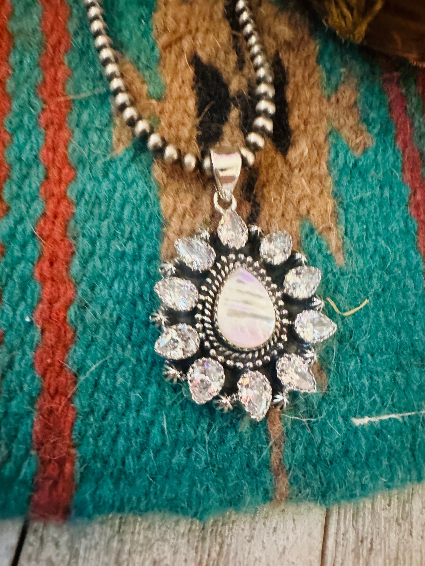 ** Christmas Collection ** Handmade Sterling Silver, Mother of Pearl & CZ Pendant Signed Nizhoni