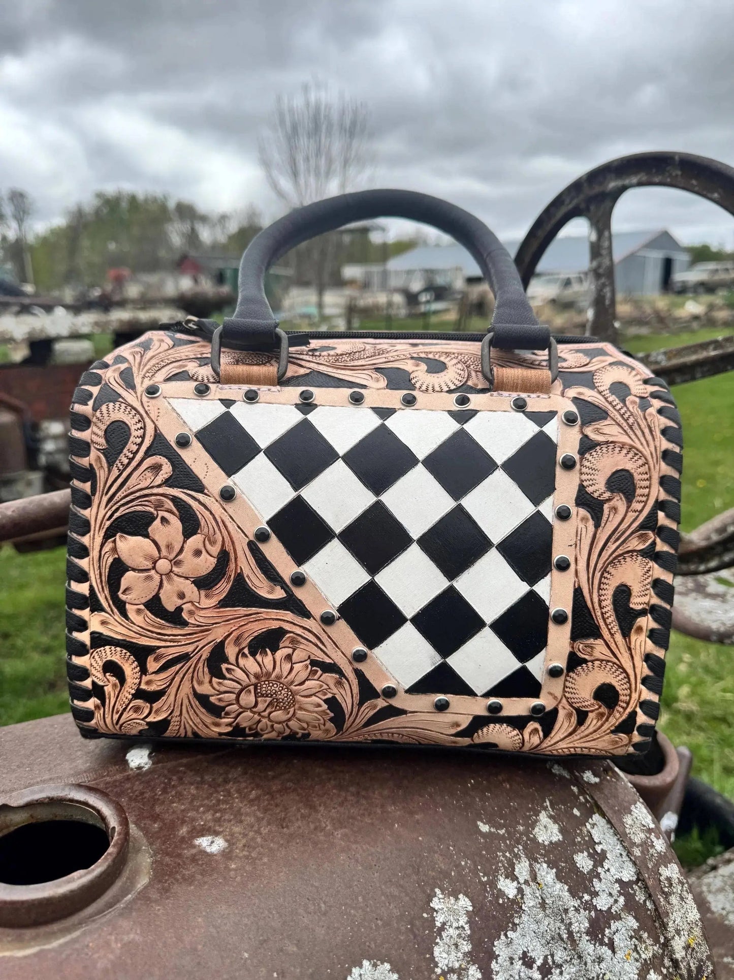 Luxe Tooled Leather Midnight Rhinestone Stud Checkered Speedy Bag