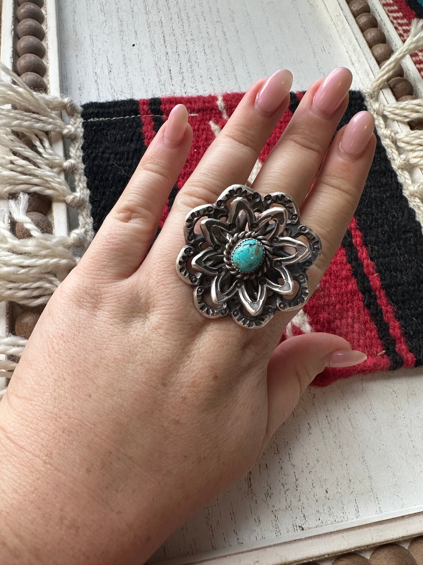 Gorgeous Handcrafted Turquoise And Sterling Silver Adjustable Flower Ring Signed K Billah