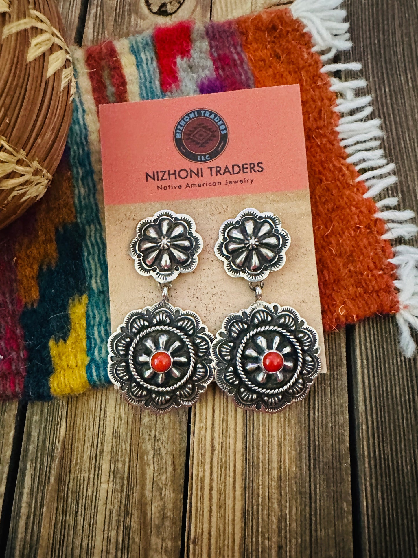 Handcrafted Coral & Sterling Silver Concho Dangle Earrings