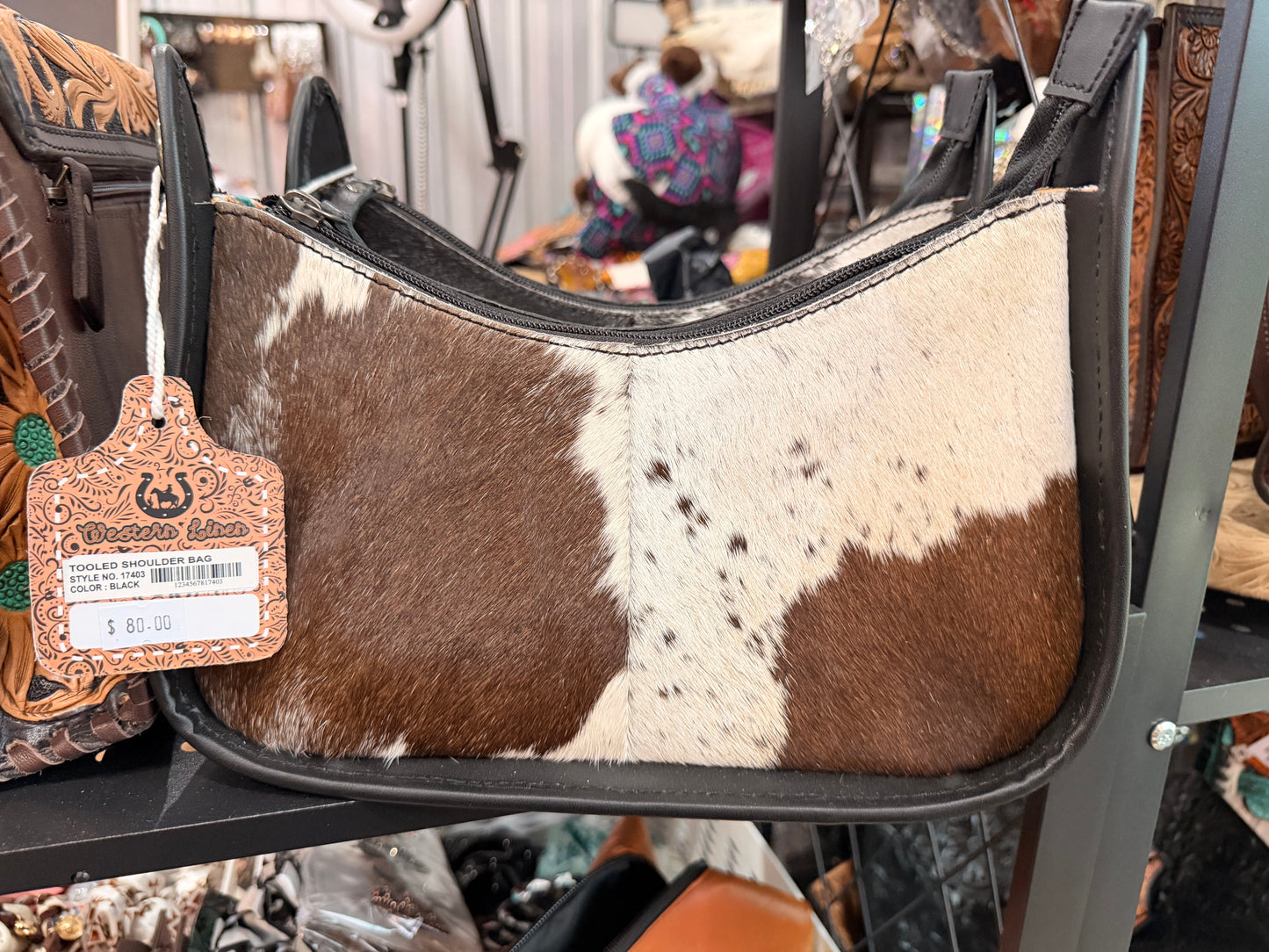 BLACK LEATHER & COWHIDE SHOULDER BAG