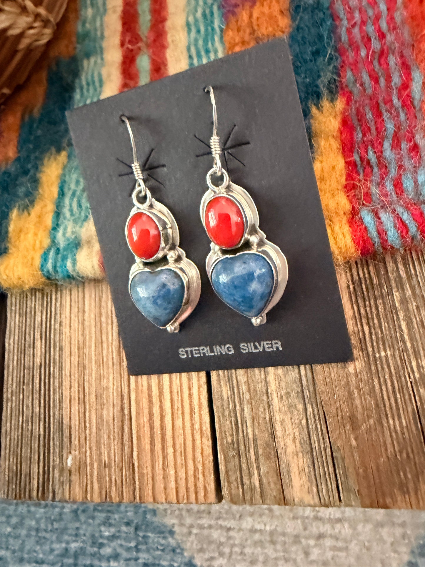 Handcrafted Lapis, Coral & Sterling Silver Heart Dangle Earrings