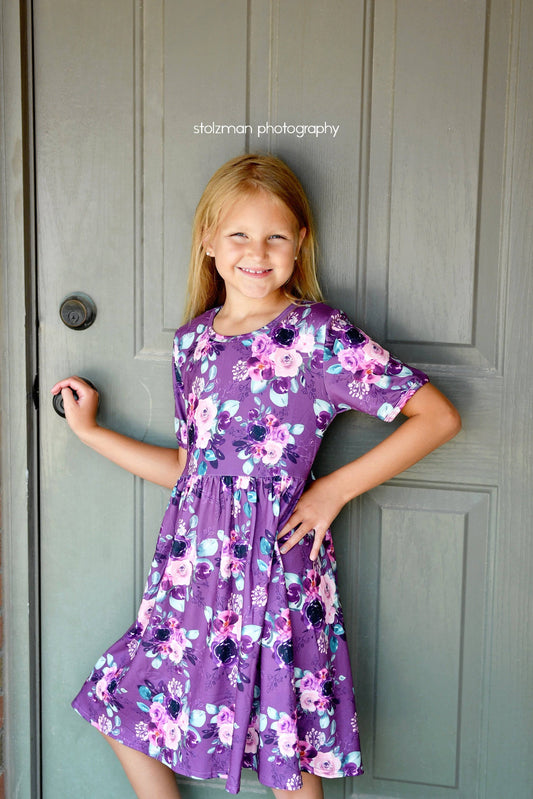 Purple Floral Short Sleeve Milk Silk Dress