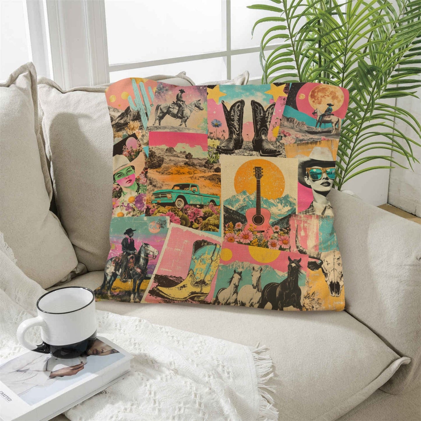 Baha Ranch Retro Pop Western Collage Pillow Case Made in America