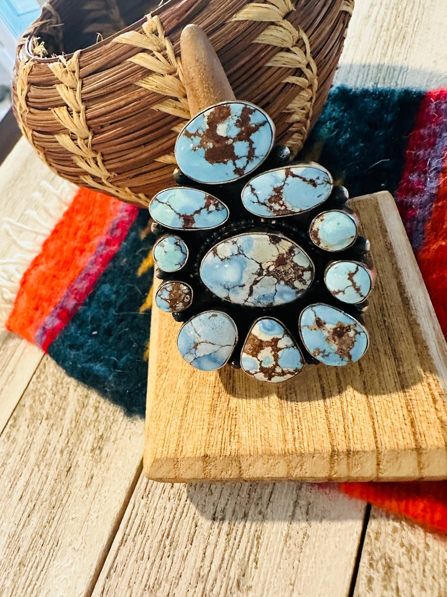 Handcrafted Golden Hills Turquoise & Sterling Silver Cluster Ring by Blaine Yellowhorse, Size 7
