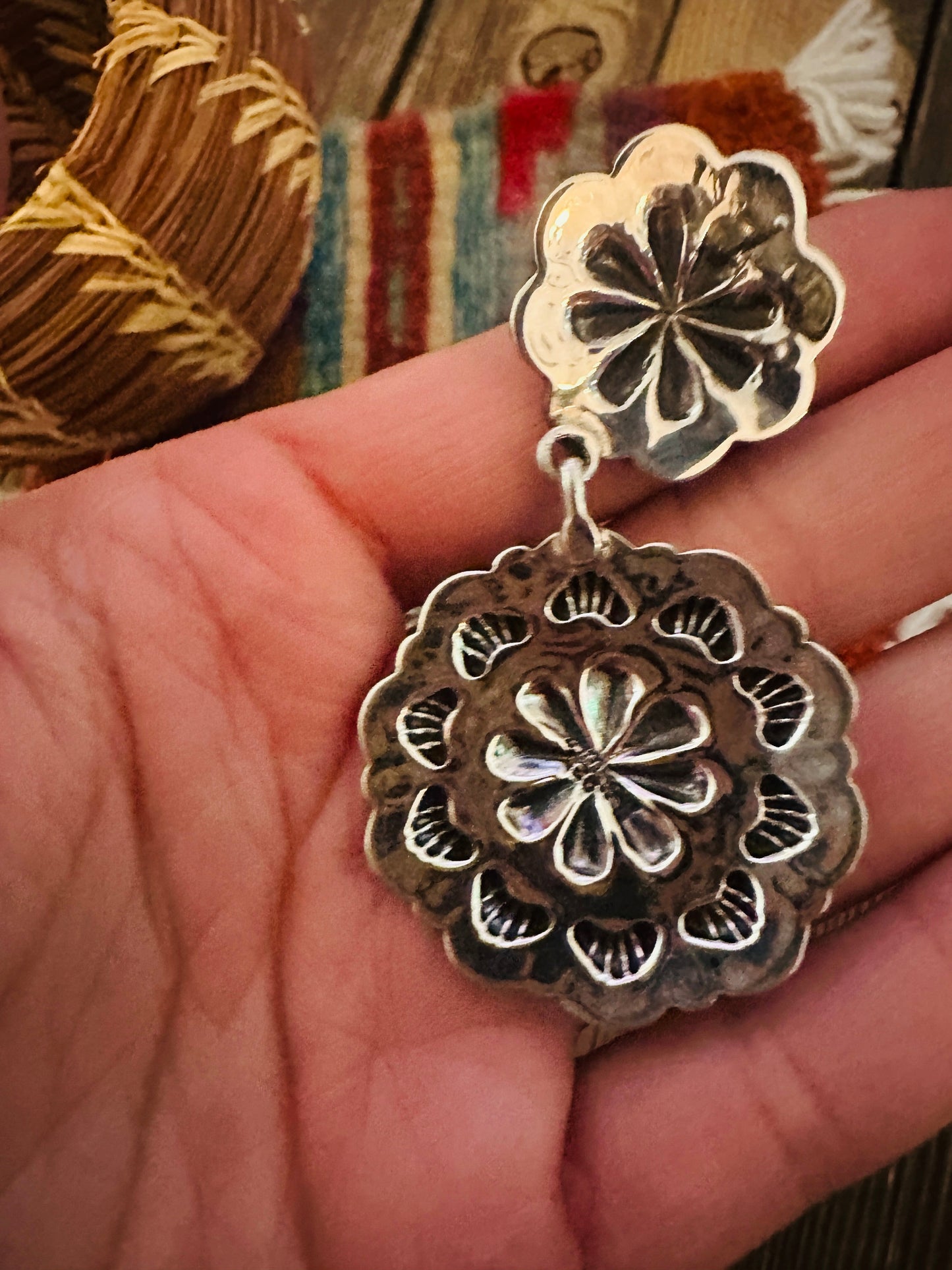 Handcrafted Coral & Sterling Silver Concho Dangle Earrings