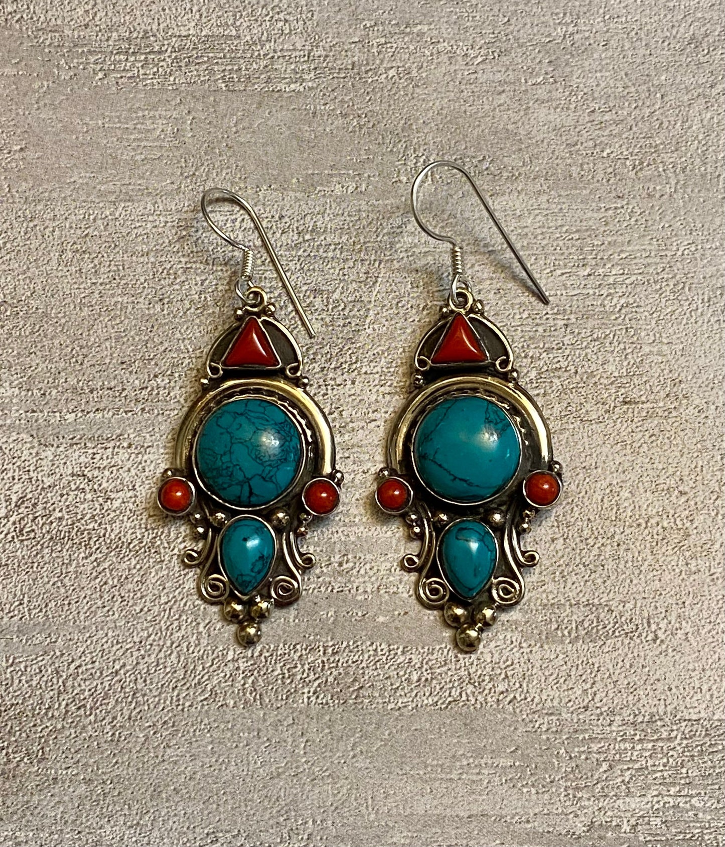 Elegant Turquoise Color & Red Accent Dangle Earrings