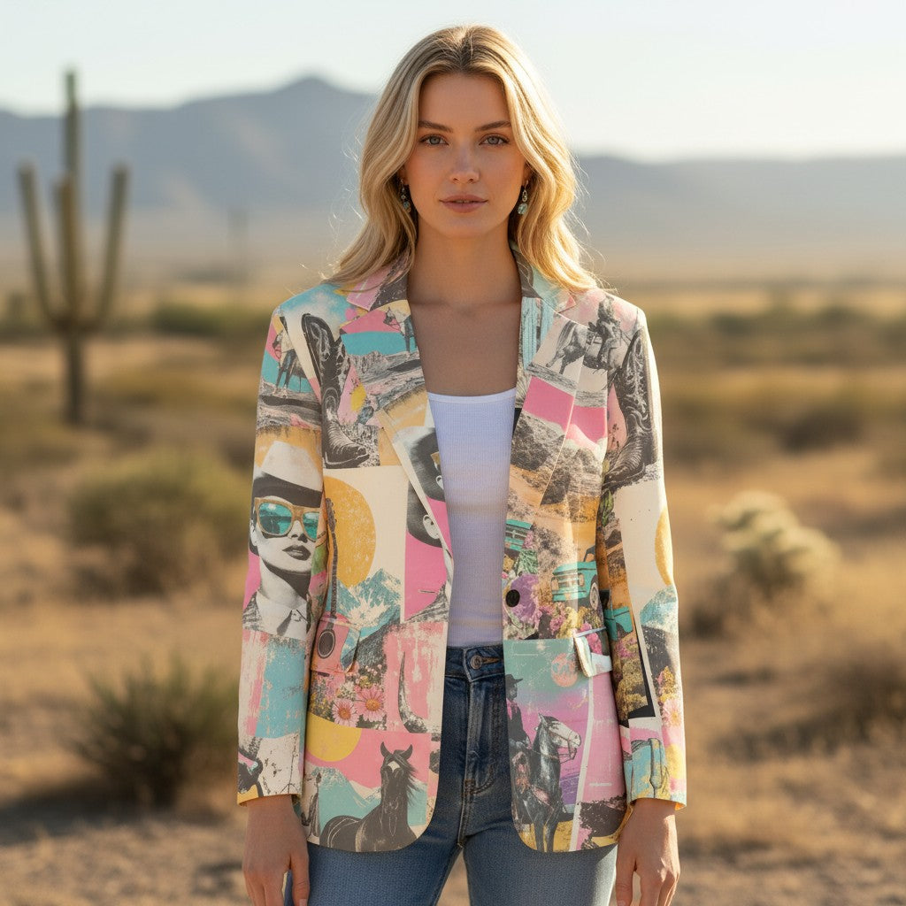Lucky & Blessed western collage blazer with ivory piping