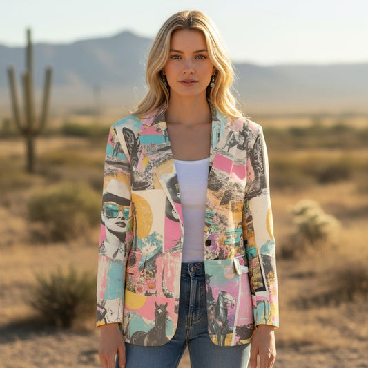 Lucky & Blessed western collage blazer with ivory piping