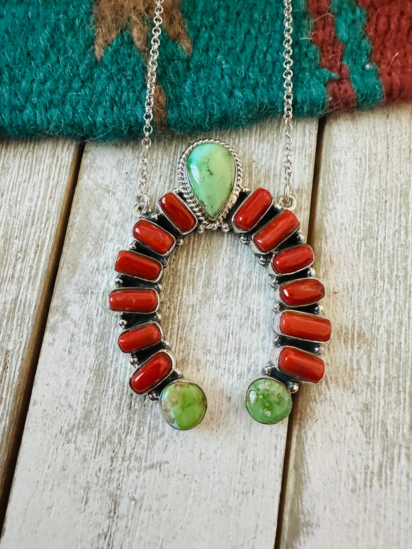 ** Christmas Collection ** Handmade Sterling Silver, Turquoise & Coral Naja Necklace Signed Nizhoni