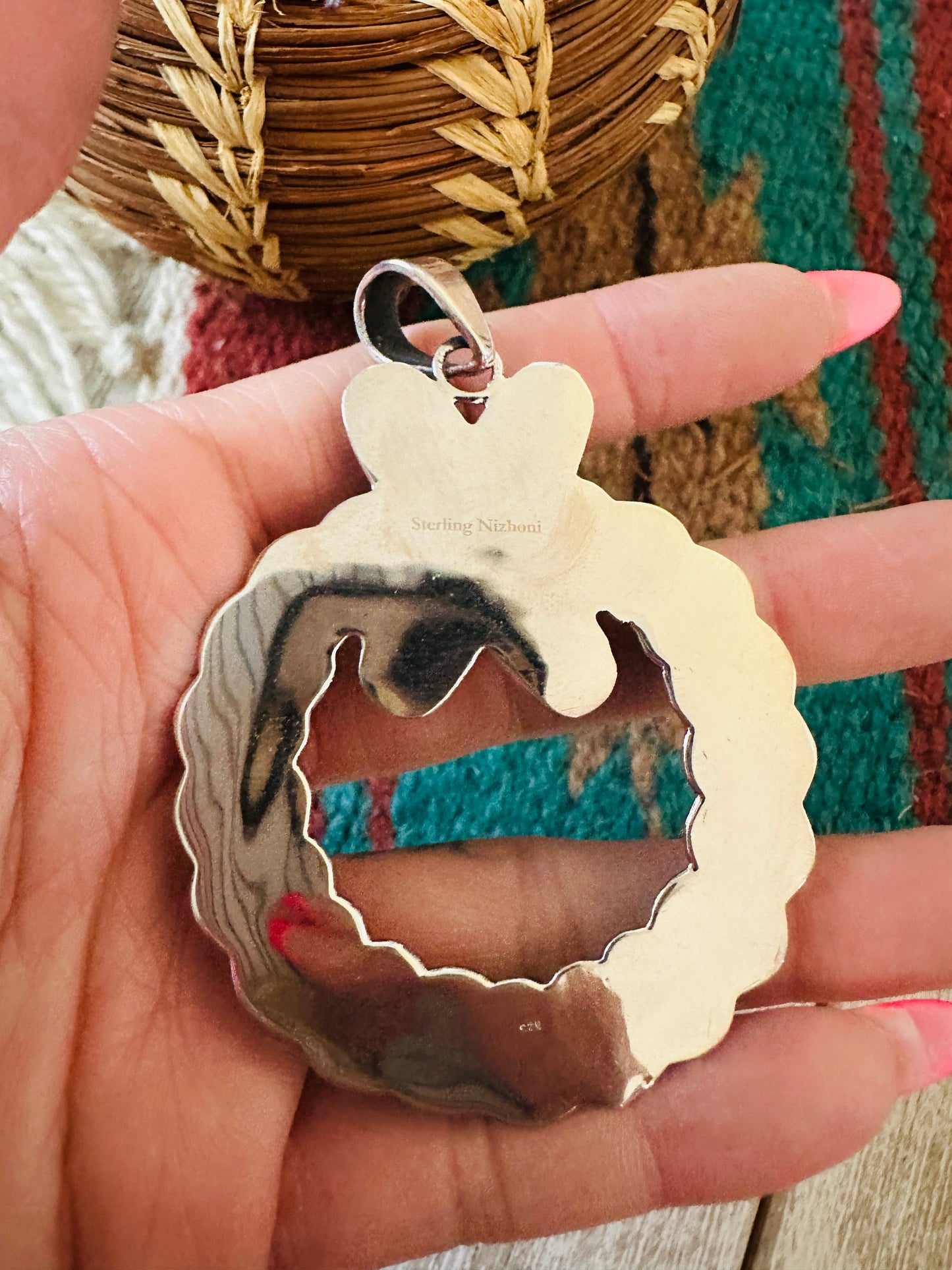 ** Christmas Collection ** Handmade Sterling Silver, Turquoise, Coral & CZ Wreath Pendant Signed Nizhoni