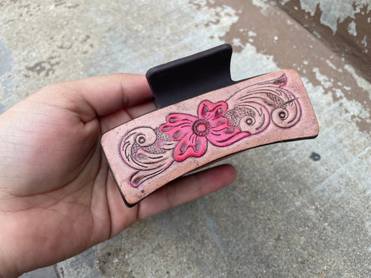 Floral Tooled Leather Hair Claw Clips 4”