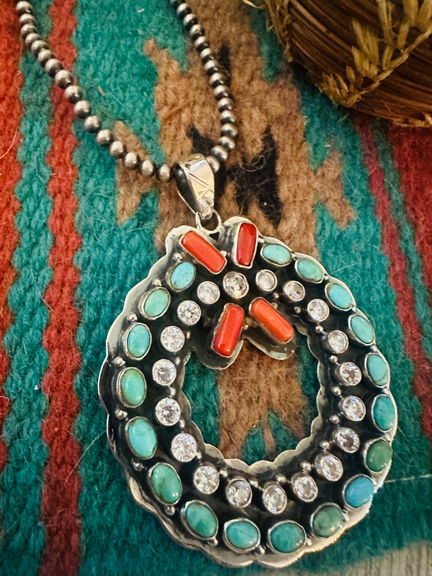 ** Christmas Collection ** Handmade Sterling Silver, Turquoise, Coral & CZ Wreath Pendant Signed Nizhoni