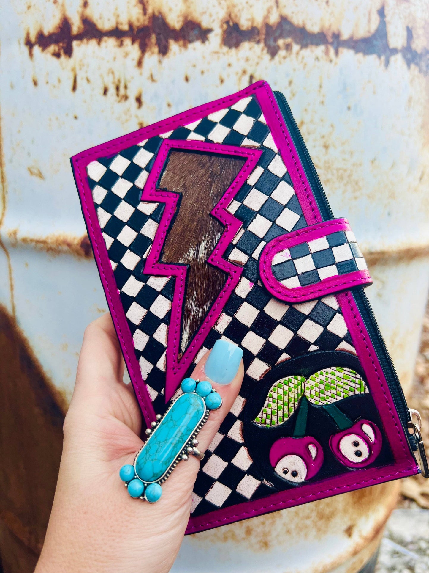 Pink Electric Rodeo Checkers Long Wallet