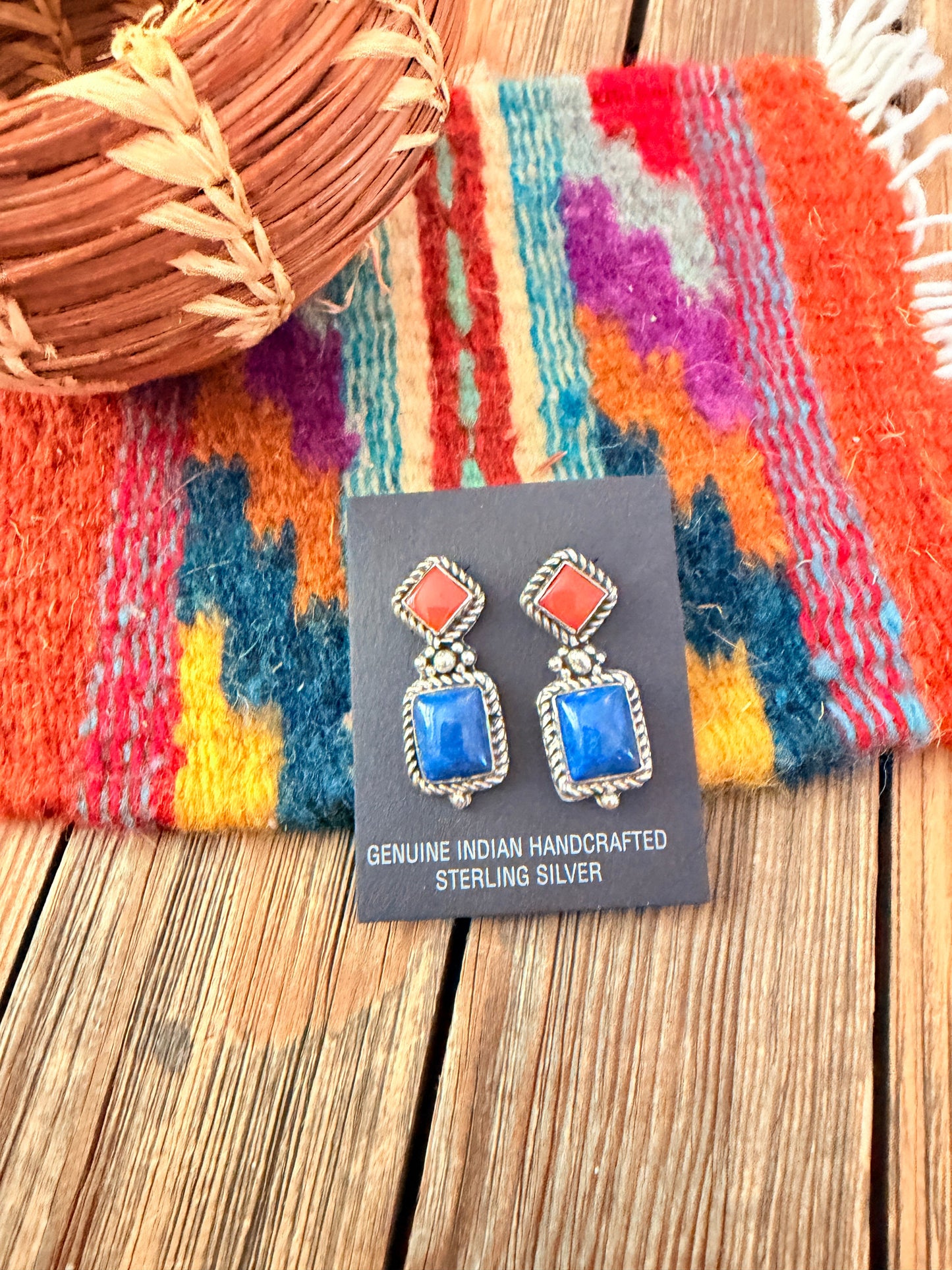 Handcrafted Lapis, Coral & Sterling Silver Dangle Earrings