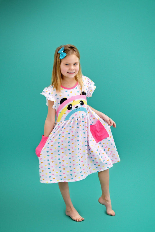 Panda Rainbow Long Flutter Milk Silk Dress With Pockets