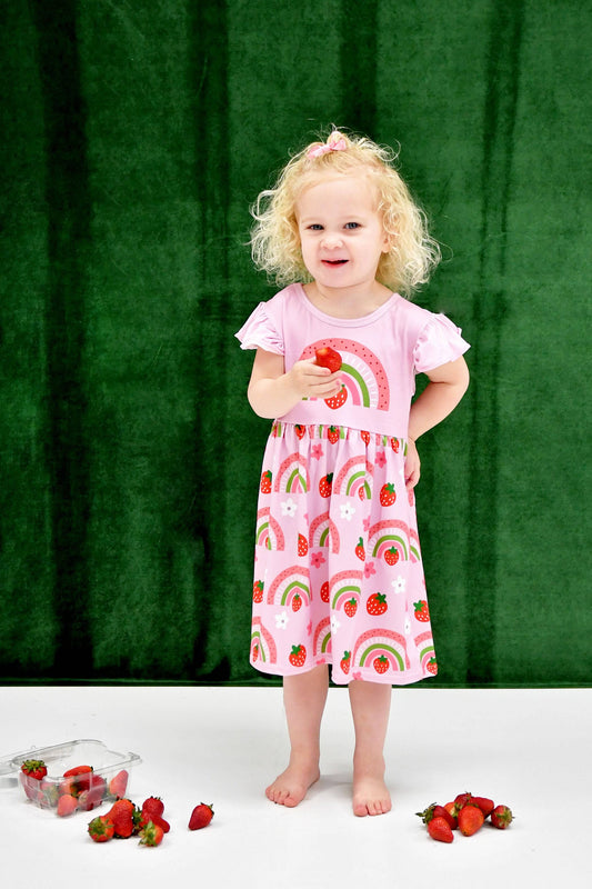 Strawberry Rainbow Long Flutter Milk Silk Dress
