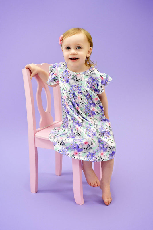 Koala and Hydrangeas Milk Silk Flutter Dress