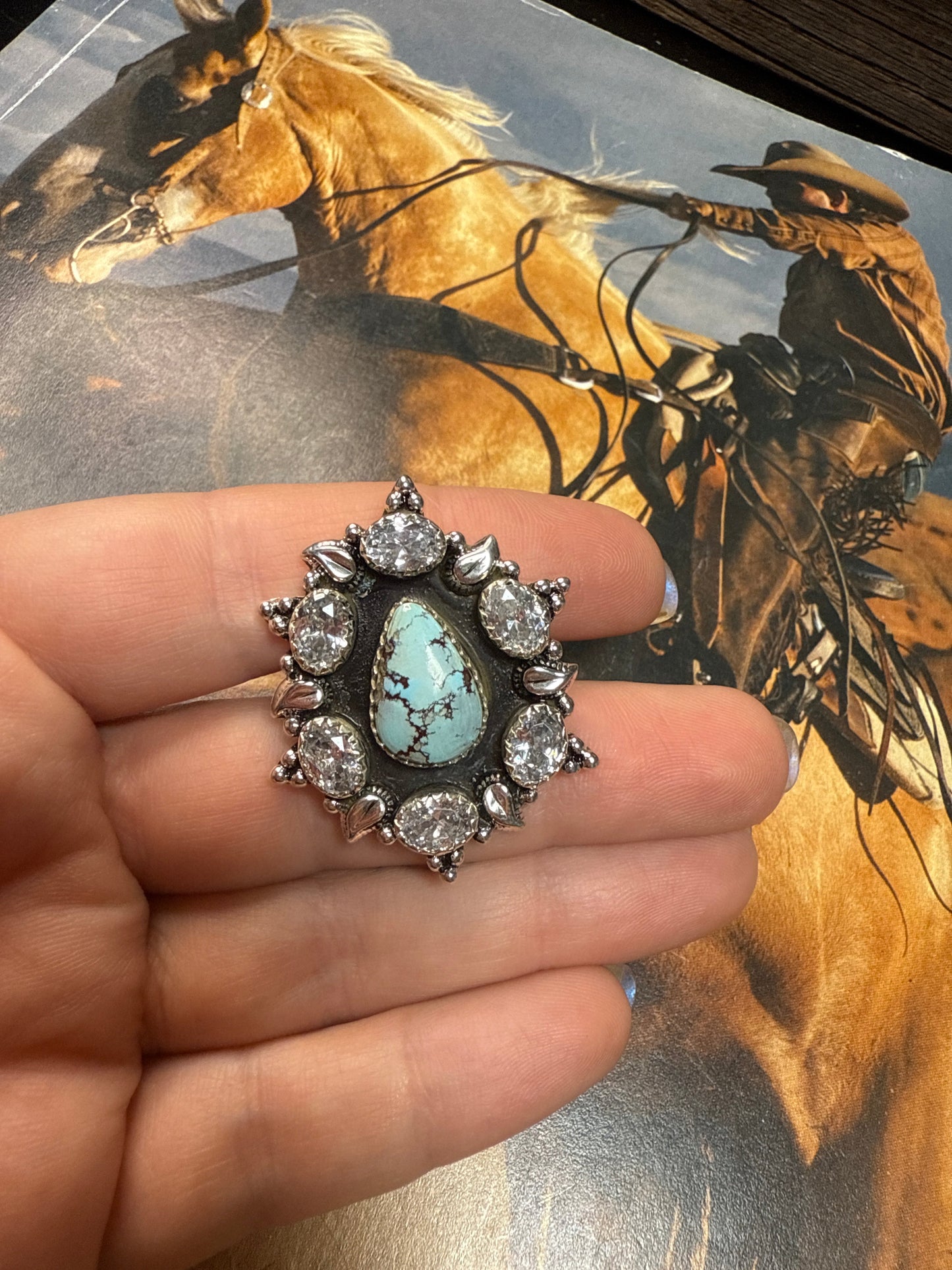 Beautiful Handmade Golden Hills Turquoise , CZ And Sterling Silver Adjustable Ring