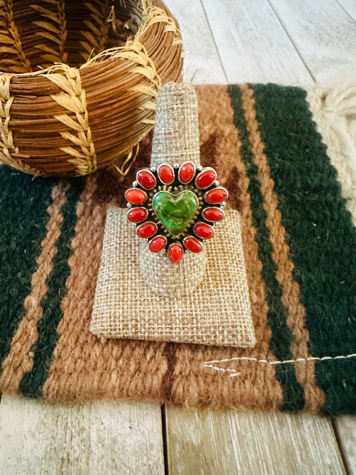 ** Christmas Collection ** Handmade Sterling Silver, Turquoise & Coral Adjustable Ring Signed Nizhoni