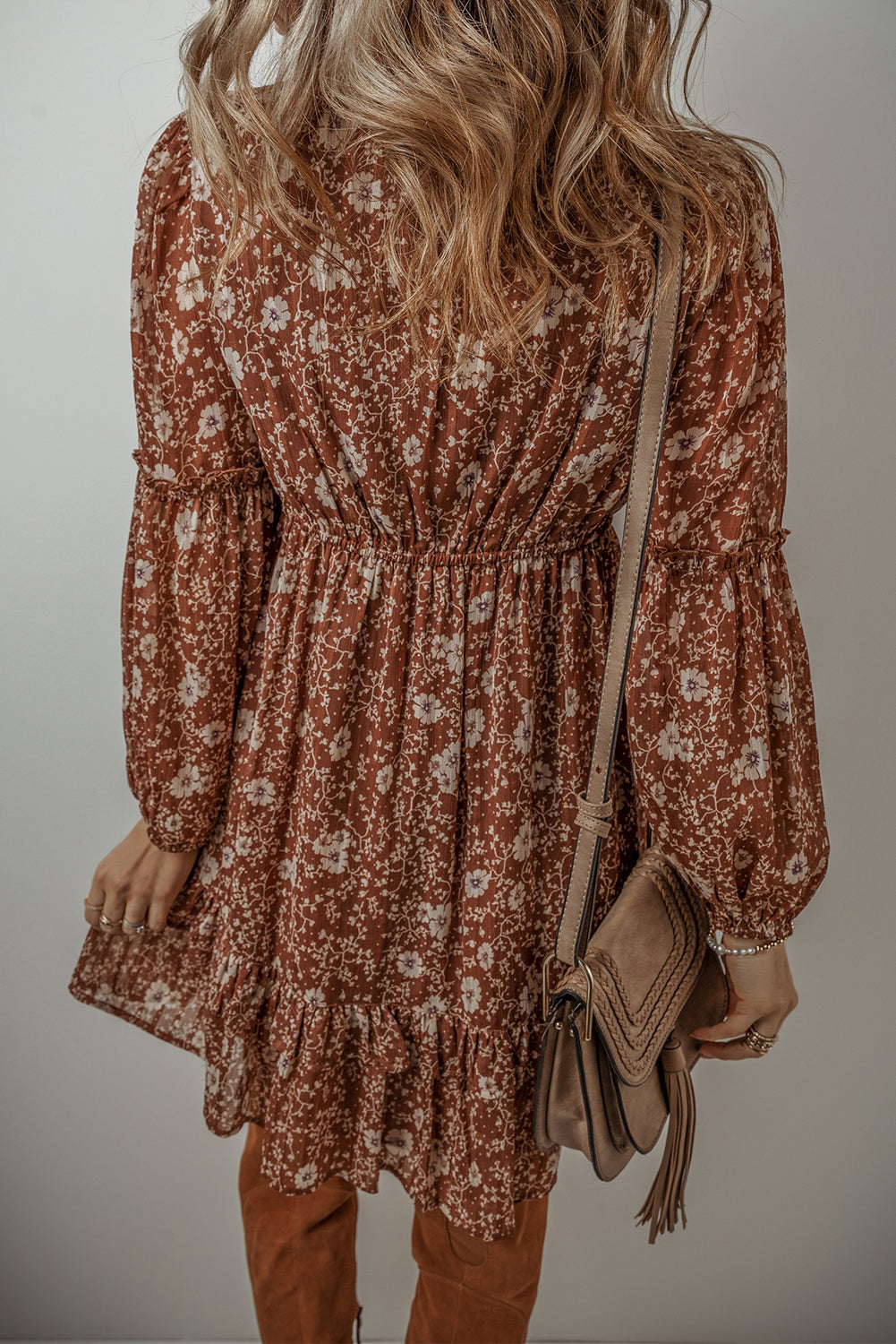 Ashley Boho Floral Puff Sleeve Mini Dress with Ruffles and V Neckline