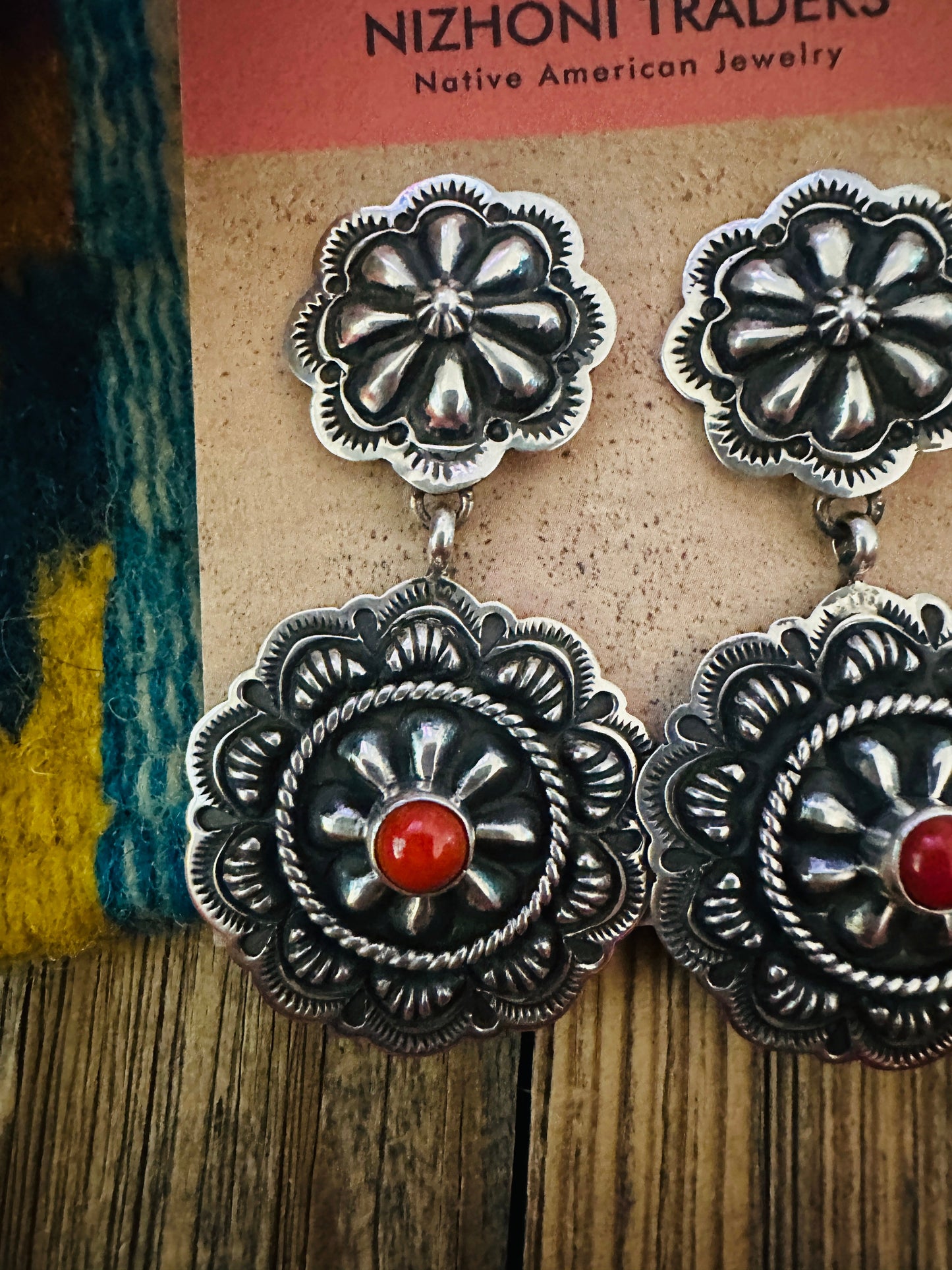 Handcrafted Coral & Sterling Silver Concho Dangle Earrings