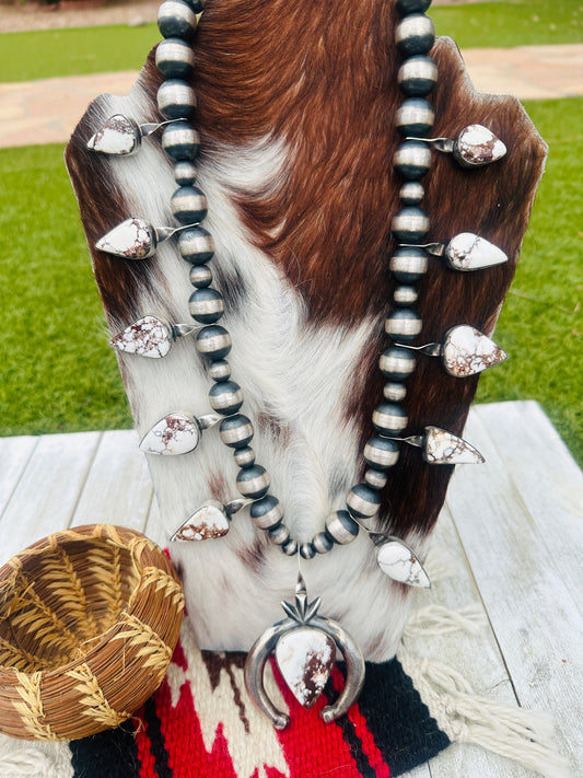 Handcrafted Wild Horse & Sterling Silver Beaded Squash Blossom Necklace by Chimney Butte