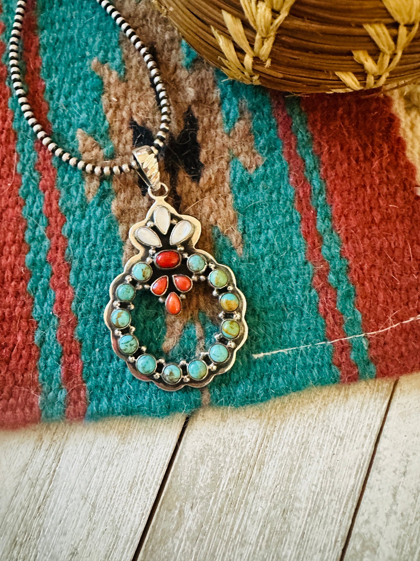 ** Christmas Collection ** Handmade Sterling Silver, Turquoise & Coral Wreath Pendant Signed Nizhoni