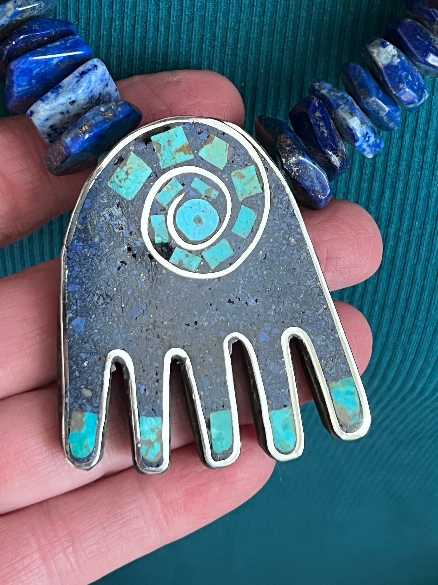 Handcrafted Multi Stone Inlay Healing Hand and Storm Cloud Necklace & Earrings by Warren Nieto