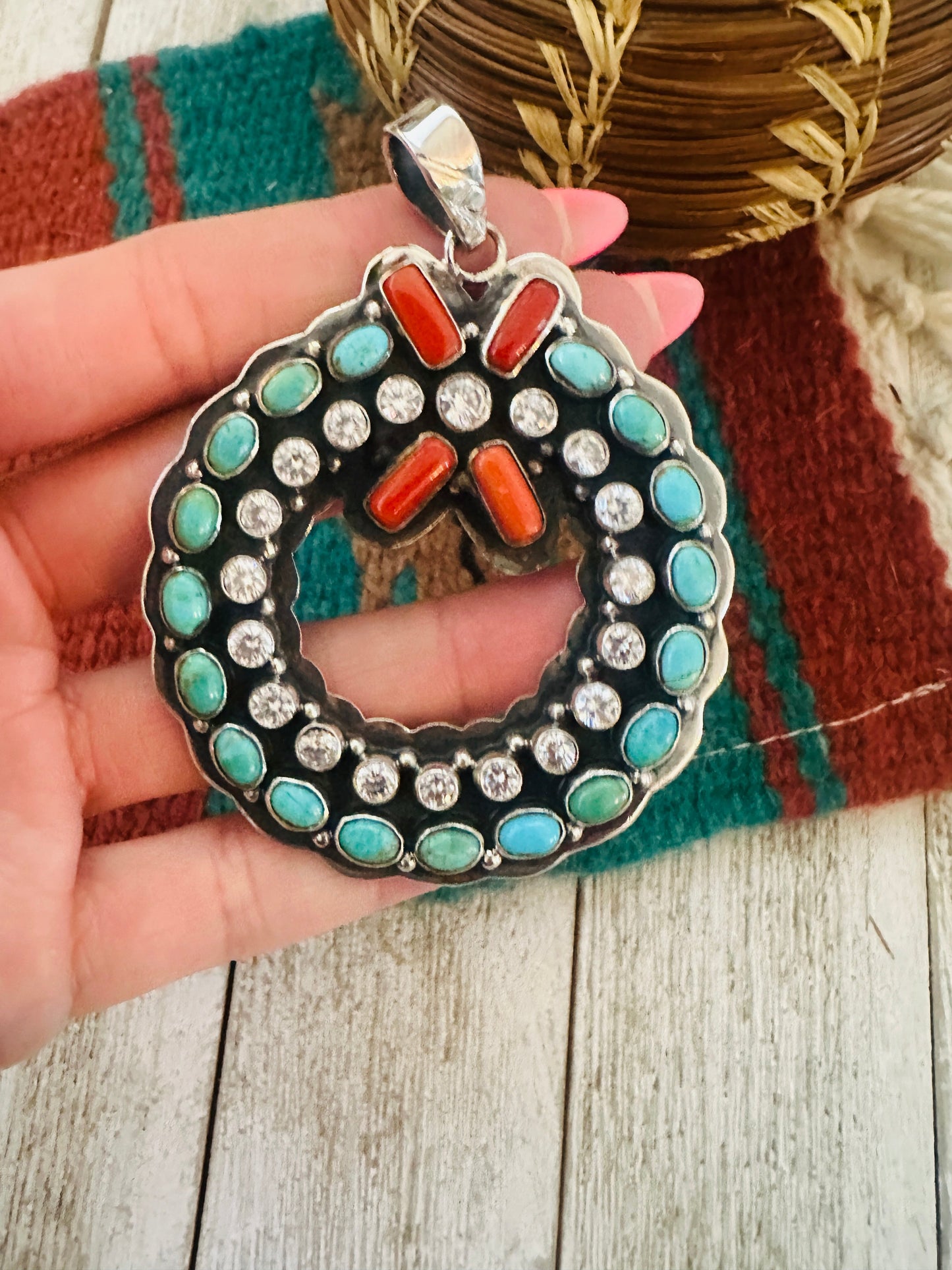 ** Christmas Collection ** Handmade Sterling Silver, Turquoise, Coral & CZ Wreath Pendant Signed Nizhoni
