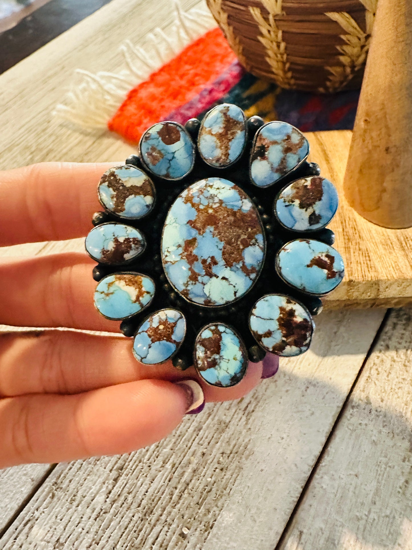 Handcrafted Golden Hills Turquoise & Sterling Silver Cluster Ring by Blaine Yellowhorse, Size 8.5