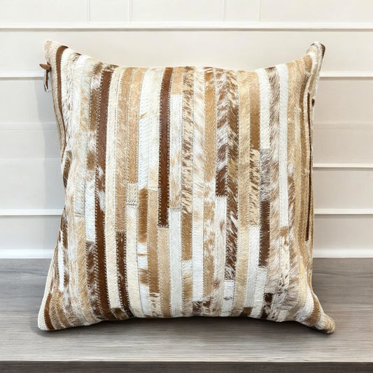 Tan patchwork cowhide pillow 16”