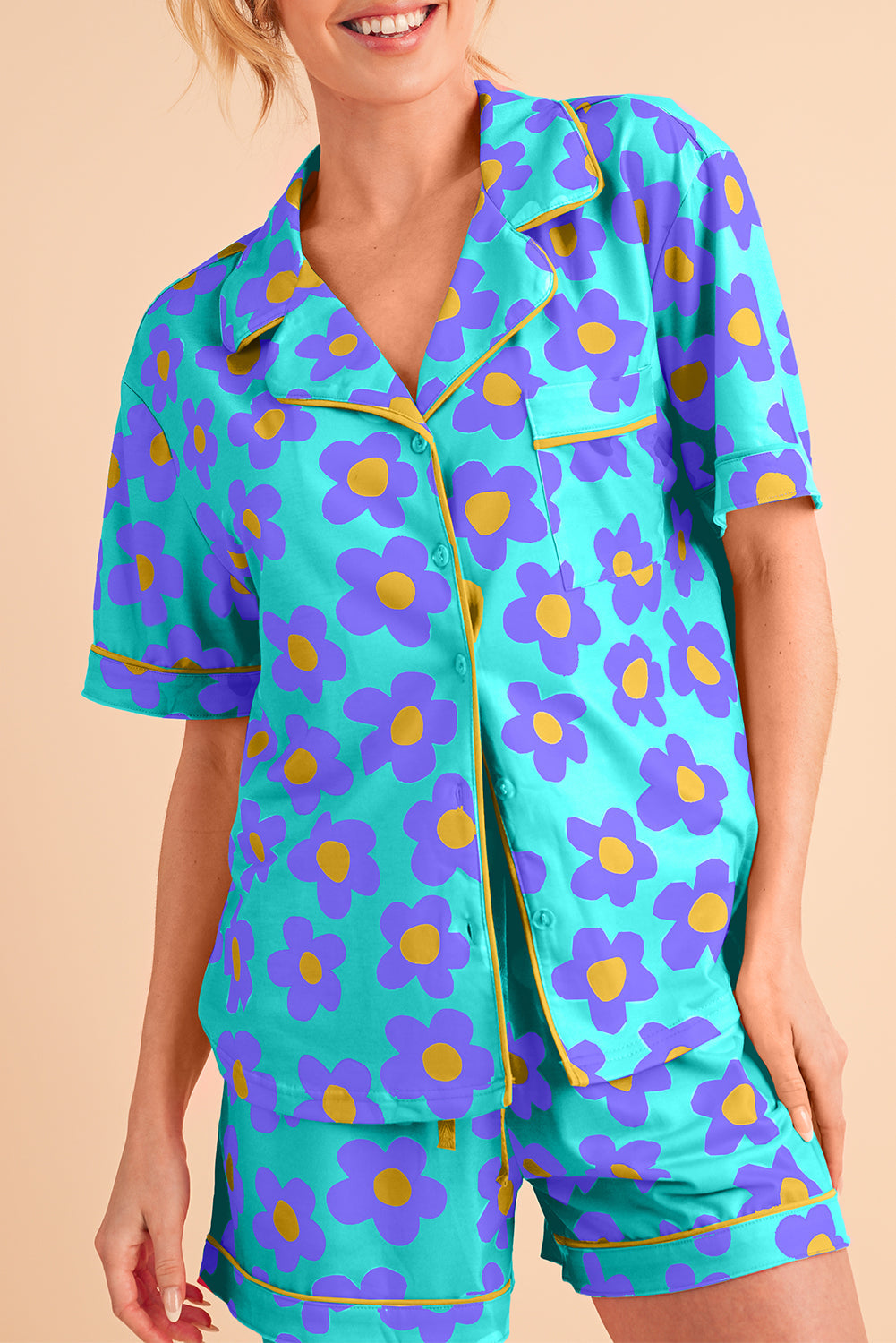 Luxury Flower Print Buttoned Shirt And Drawstring Waist Pajama Set