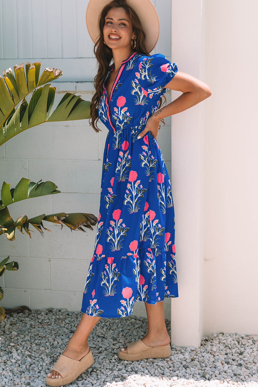 Luxury Floral Puff Short Sleeve V Neck High Waist Maxi Dress