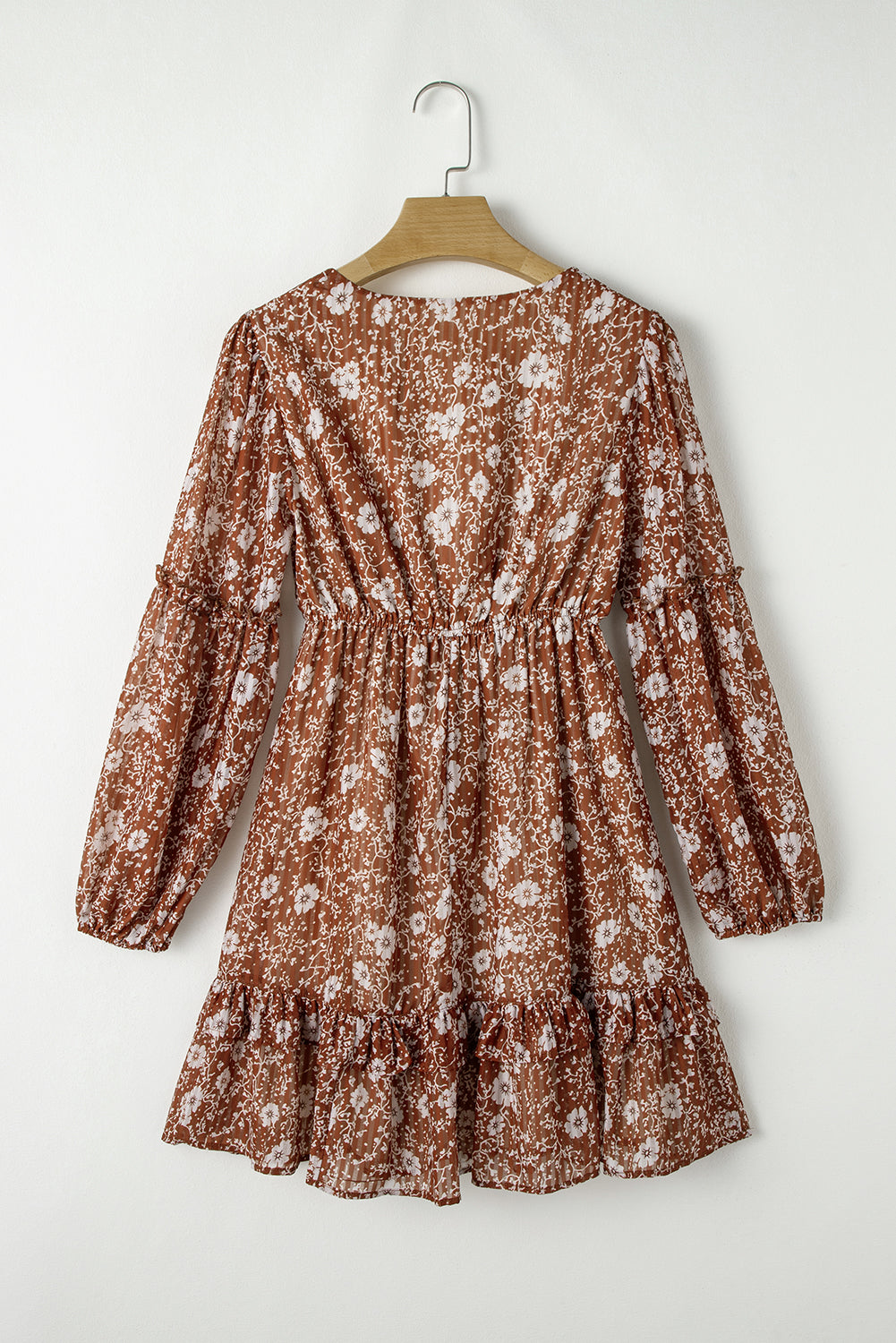 Ashley Boho Floral Puff Sleeve Mini Dress with Ruffles and V Neckline