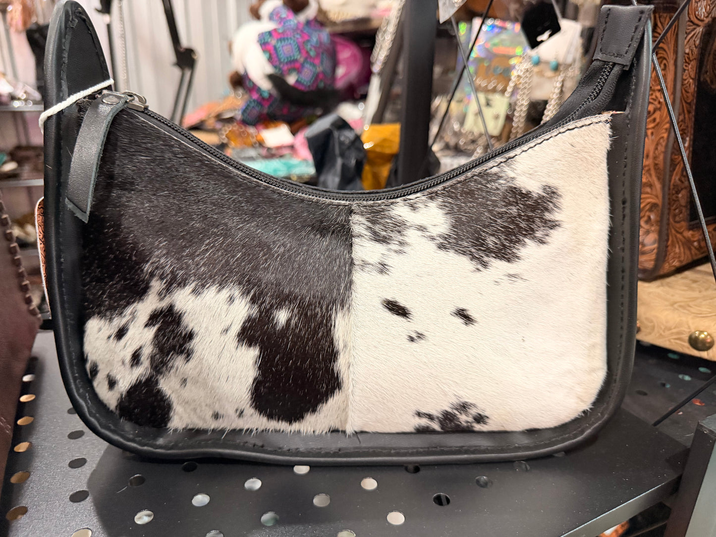 BLACK LEATHER & COWHIDE SHOULDER BAG