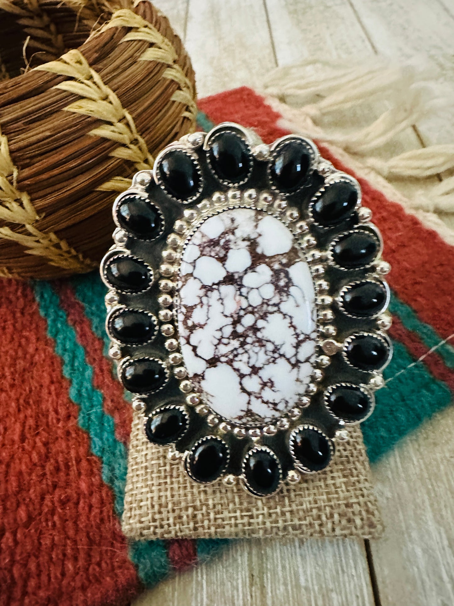 Handcrafted Black Onyx, Wild Horse & Sterling Silver Cluster Ring size 10.25