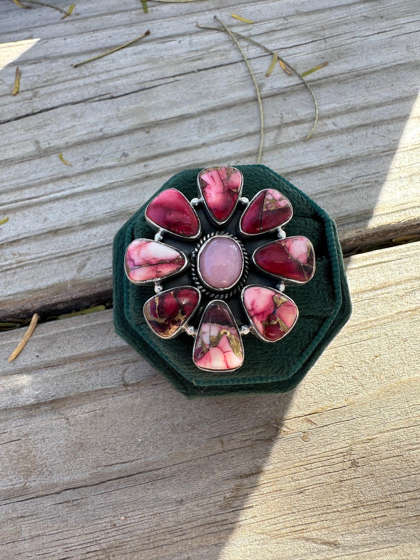 Beautiful Handmade Dahlia Rose, Pink Opal And Sterling Silver Adjustable Cluster Ring