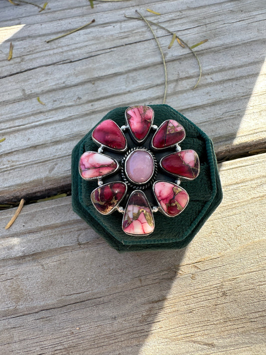 Beautiful Handmade Dahlia Rose, Pink Opal And Sterling Silver Adjustable Cluster Ring