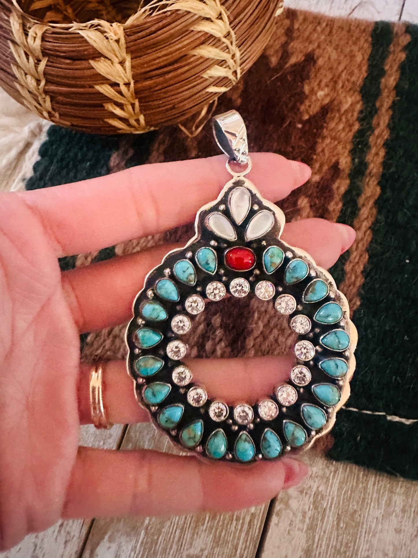 ** Christmas Collection ** Handmade Sterling Silver, Turquoise, Coral & CZ Wreath Pendant Signed Nizhoni