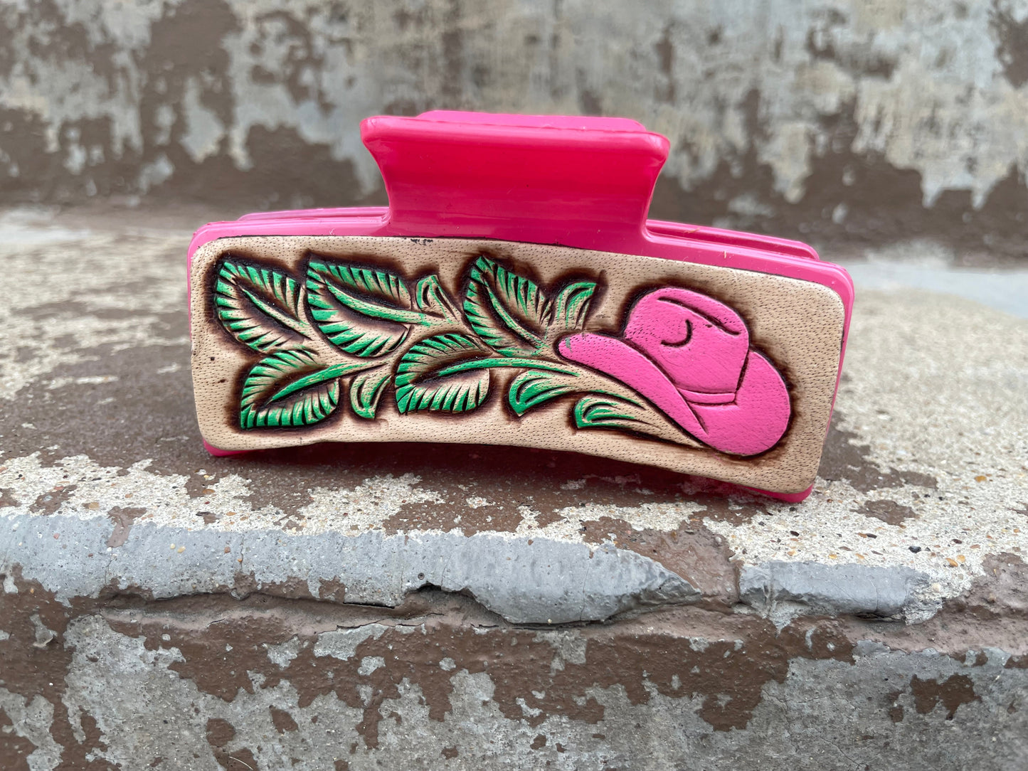 Pink Tooled Leather Hat Hair Claw Clips 4”