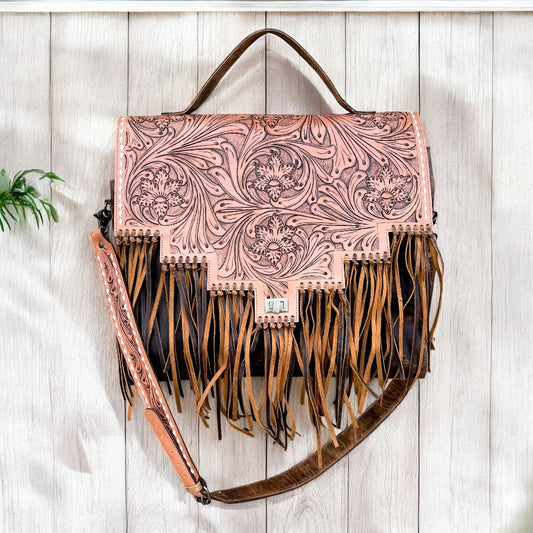 Oversize hand tooled fringe carry shoulder bag