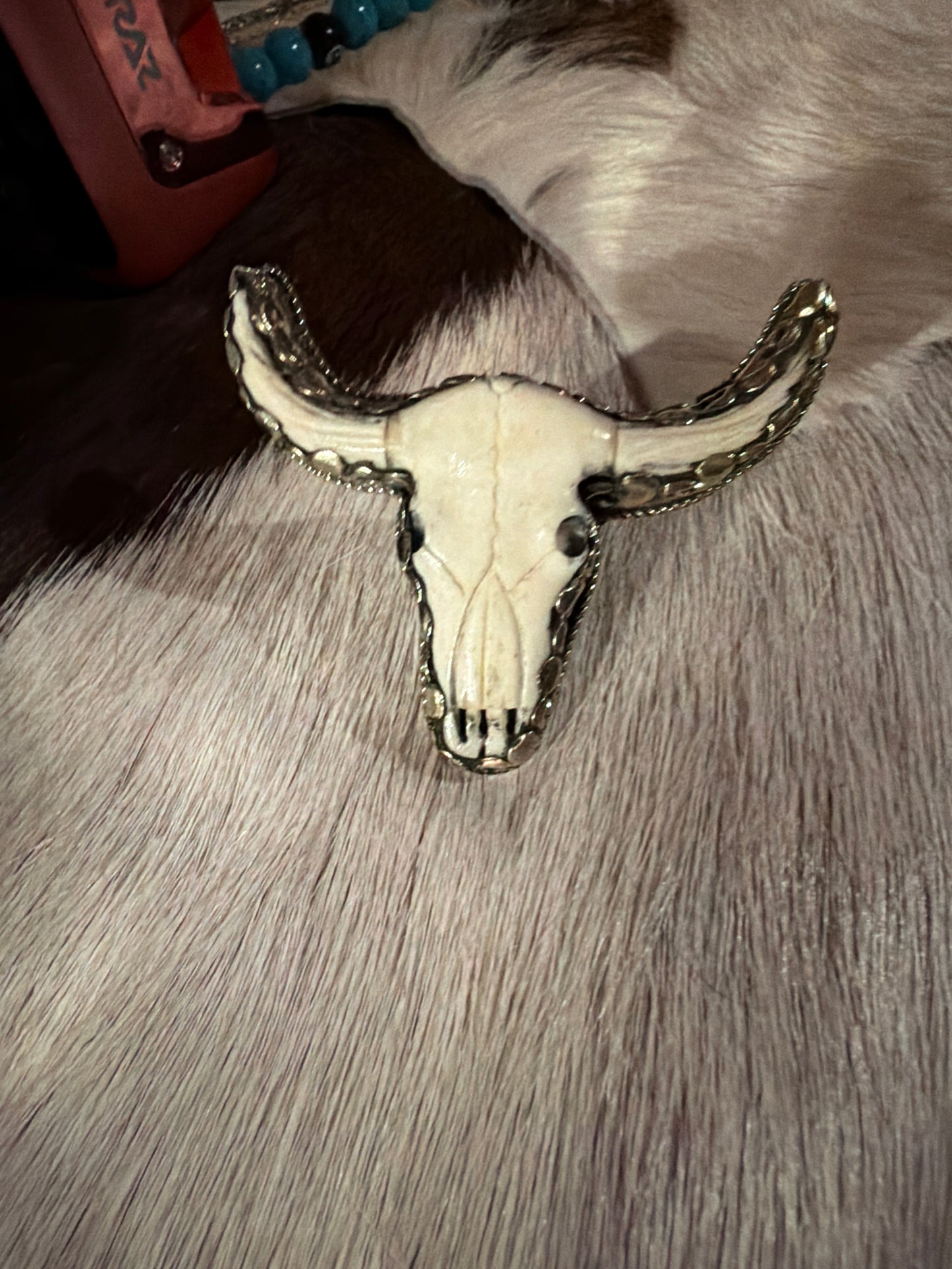 Hand Carved Bone Longhorn Skull Pendant – Tibetan Silver Adjustable Ring