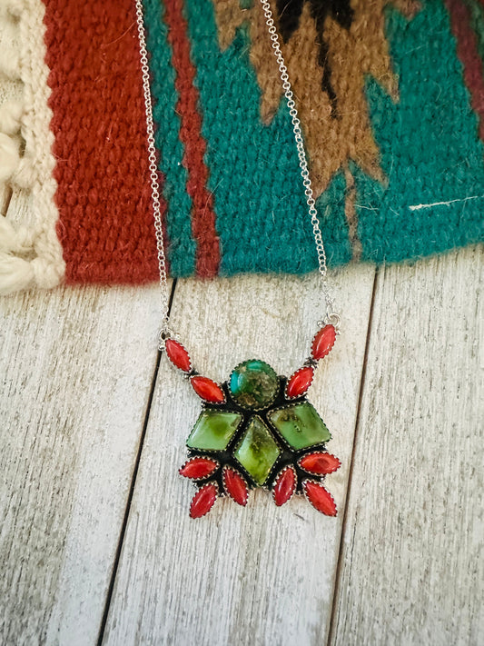 ** Christmas Collection ** Handmade Sterling Silver, Turquoise & Coral Necklace Signed Nizhoni