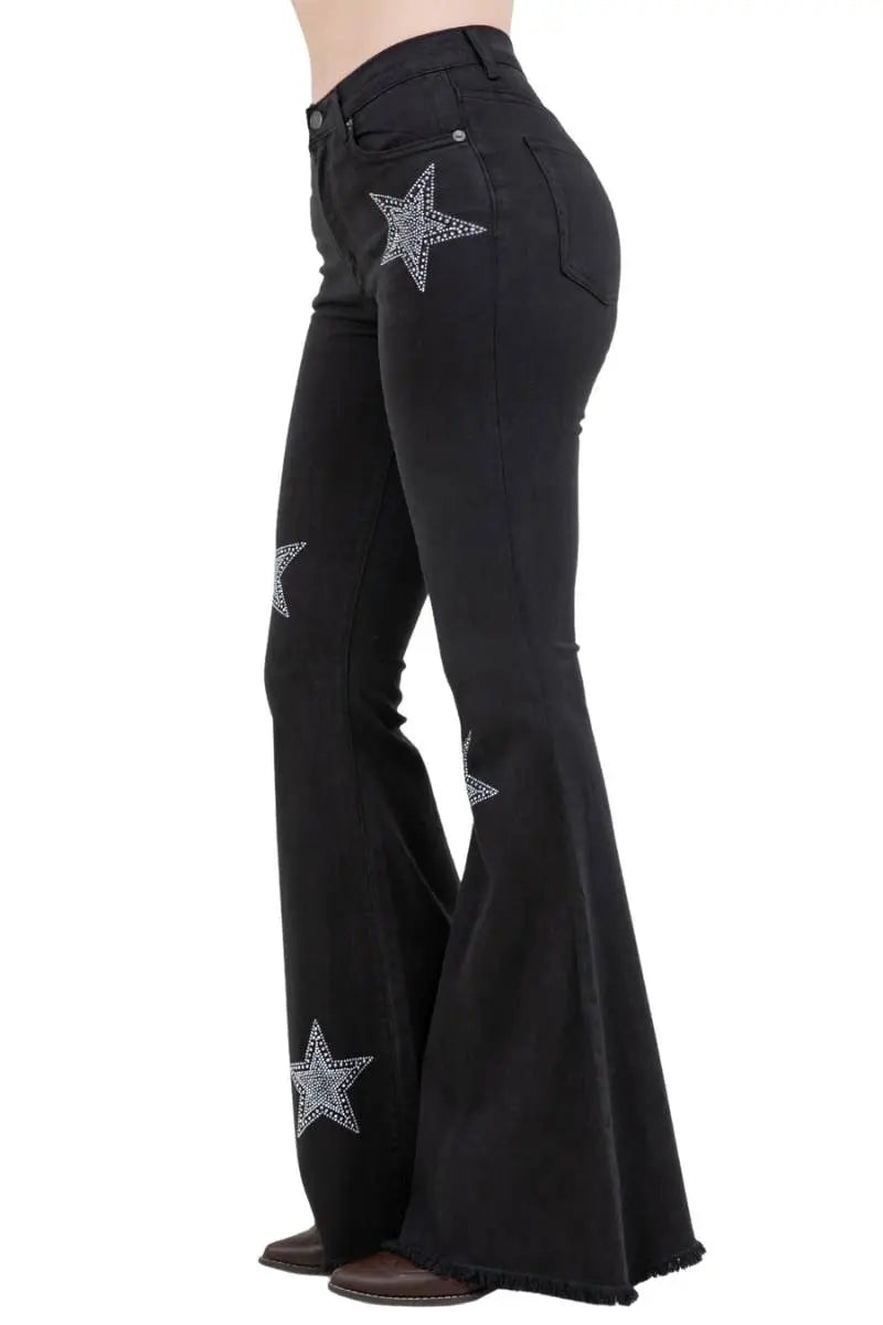 Black Denim Star Rhinestone Bell Bottom Jeans -32” Inseam