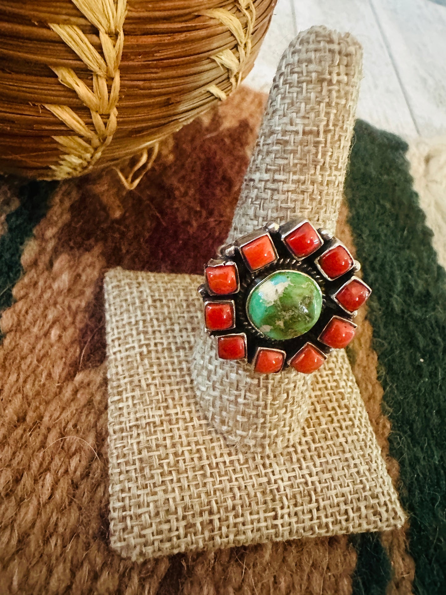 ** Christmas Collection ** Handmade Sterling Silver, Turquoise & Coral Adjustable Ring Signed Nizhoni